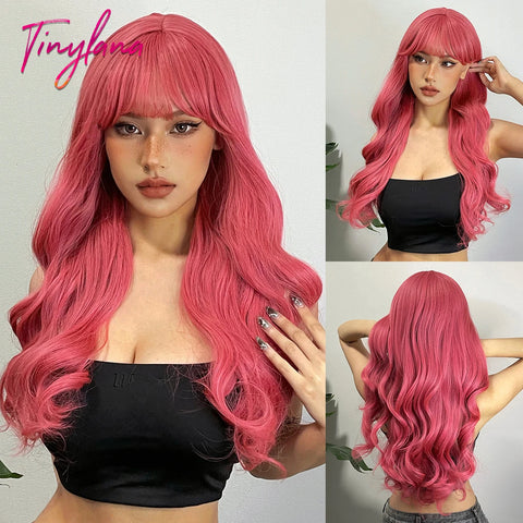 Light Pink Long Wavy Cosplay Synthetic Hair Wig with Bangs - Perfect for Halloween and Daily Wear