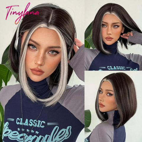 Medium Straight Synthetic Bob Wig Dark Black Brown Short Wigs With Bangs for Women Cosplay Daily Layered Hair Heat Resistant