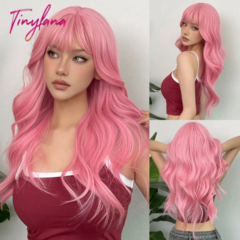 Light Pink Long Wavy Cosplay Synthetic Hair Wig with Bangs - Perfect for Halloween and Daily Wear