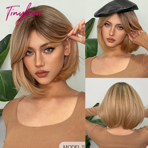 Medium Straight Synthetic Bob Wig Dark Black Brown Short Wigs With Bangs for Women Cosplay Daily Layered Hair Heat Resistant