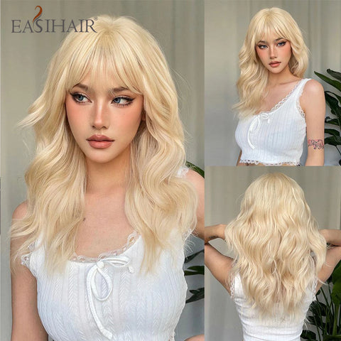 EASIHAIR Long Wavy Brown Synthetic Wig for Women with Side Bangs - Natural Look, Heat Resistant for Daily Wear