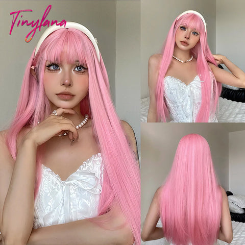 Light Pink Long Wavy Cosplay Synthetic Hair Wig with Bangs - Perfect for Halloween and Daily Wear