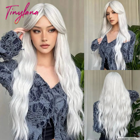 Light Pink Long Wavy Cosplay Synthetic Hair Wig with Bangs - Perfect for Halloween and Daily Wear