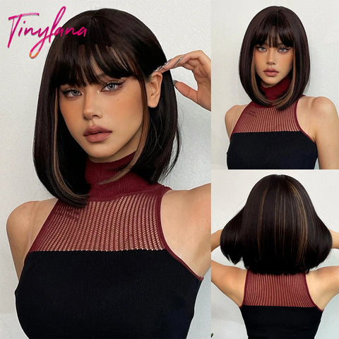 Light Brown Blonde Synthetic Wigs with Bangs - Short Bob for Daily Use, Cosplay, and Halloween | Heat Resistant
