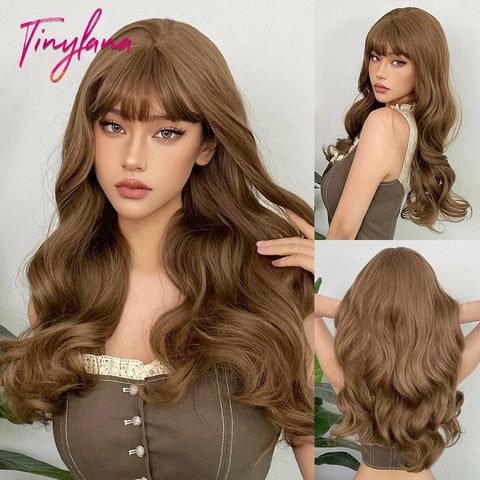 Light Pink Long Wavy Cosplay Synthetic Hair Wig with Bangs - Perfect for Halloween and Daily Wear