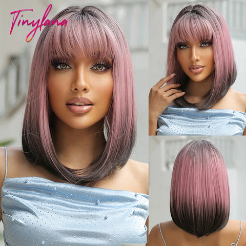 Medium Straight Synthetic Bob Wig Dark Black Brown Short Wigs With Bangs for Women Cosplay Daily Layered Hair Heat Resistant