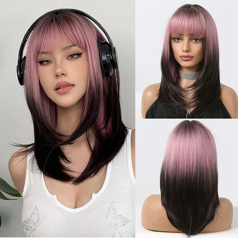 Black Red Ombre Synthetic Wigs for Cosplay - Long Straight Layered Wigs with Bangs for Women