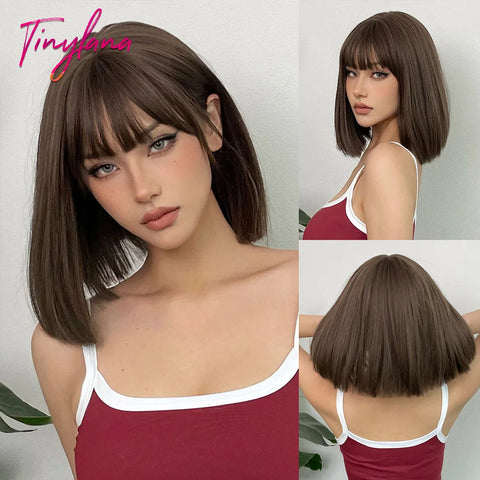 Light Brown Blonde Synthetic Wigs with Bangs - Short Bob for Daily Use, Cosplay, and Halloween | Heat Resistant