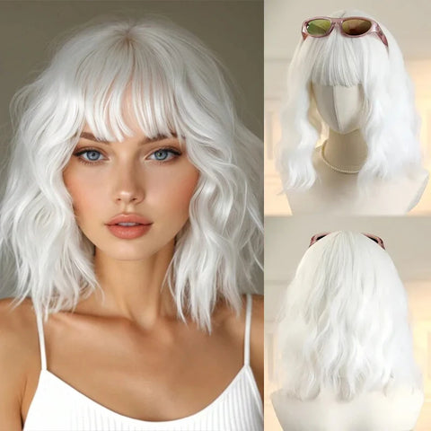 EASIHAIR Dark Brown Wavy Bob Wig with Bangs - Synthetic Heat Resistant Medium Length Wig for Women