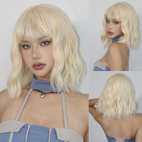 EASIHAIR Dark Brown Wavy Bob Wig with Bangs - Synthetic Heat Resistant Medium Length Wig for Women