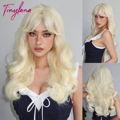 Light Pink Long Wavy Cosplay Synthetic Hair Wig with Bangs - Perfect for Halloween and Daily Wear