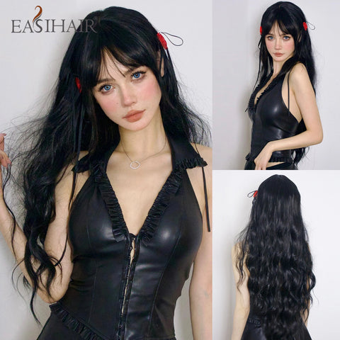 EASIHAIR Long Wavy Brown Synthetic Wig for Women with Side Bangs - Natural Look, Heat Resistant for Daily Wear