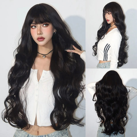 Light Green Long Wavy Synthetic Wig with Bangs - Blackish Green Cosplay Wig for Women, Ideal for Halloween
