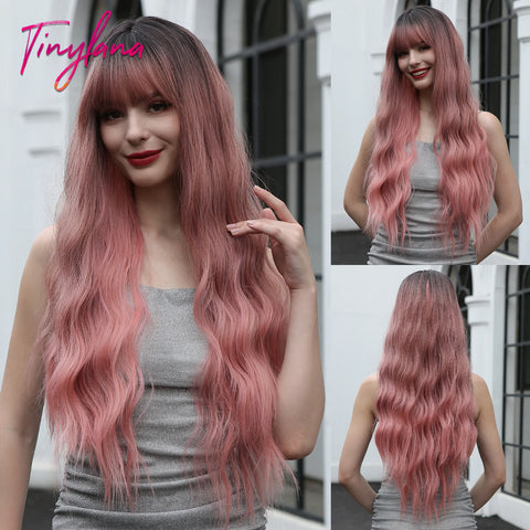 Light Pink Long Wavy Cosplay Synthetic Hair Wig with Bangs - Perfect for Halloween and Daily Wear