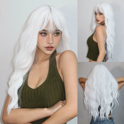 Light Green Long Wavy Synthetic Wig with Bangs - Blackish Green Cosplay Wig for Women, Ideal for Halloween