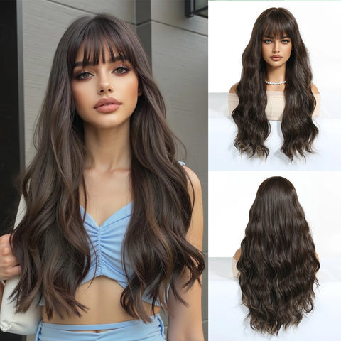 EASIHAIR Long Wavy Brown Synthetic Wigs for Women - Natural Curly Hair with Bangs for Daily Use and Cosplay
