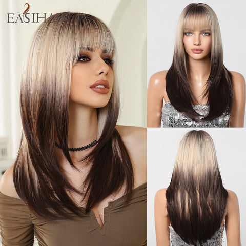 Black Red Ombre Synthetic Wigs for Cosplay - Long Straight Layered Wigs with Bangs for Women