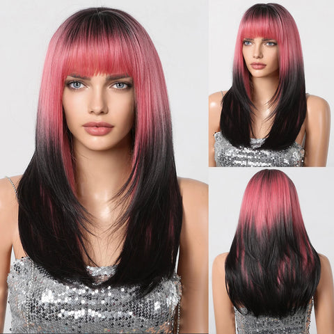 Black Red Ombre Synthetic Wigs for Cosplay - Long Straight Layered Wigs with Bangs for Women