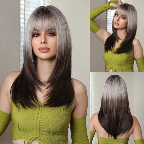 Black Red Ombre Synthetic Wigs for Cosplay - Long Straight Layered Wigs with Bangs for Women