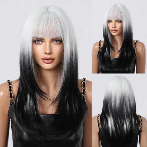 Black Red Ombre Synthetic Wigs for Cosplay - Long Straight Layered Wigs with Bangs for Women