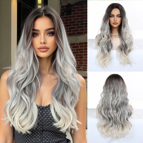 EASIHAIR Long Wavy Brown Synthetic Wigs for Women - Natural Curly Hair with Bangs for Daily Use and Cosplay