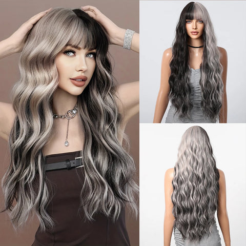 Light Green Long Wavy Synthetic Wig with Bangs - Blackish Green Cosplay Wig for Women, Ideal for Halloween