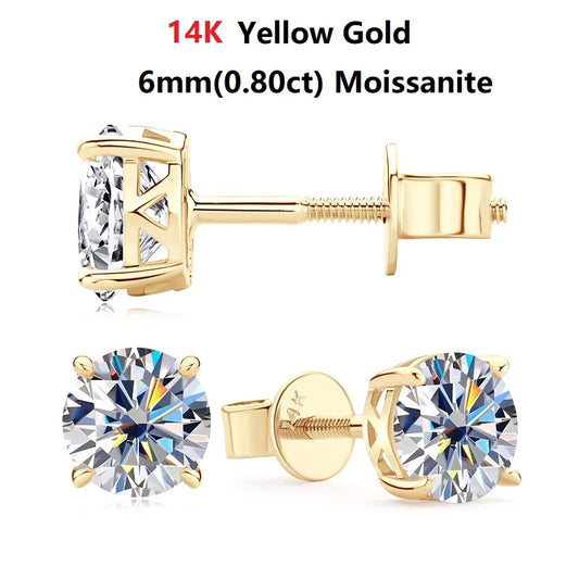 IOGOU 14K Gold Moissanite Stud Earrings – 6mm Screw Back Unisex Design