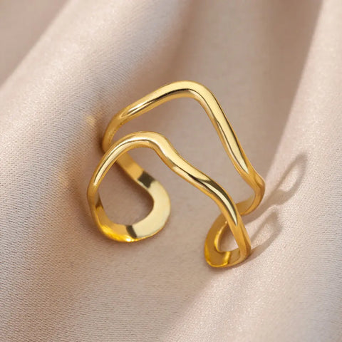 Irregular Hollow Opening Rings for Women - Gold Stainless Steel Geometric Fashion Jewelry
