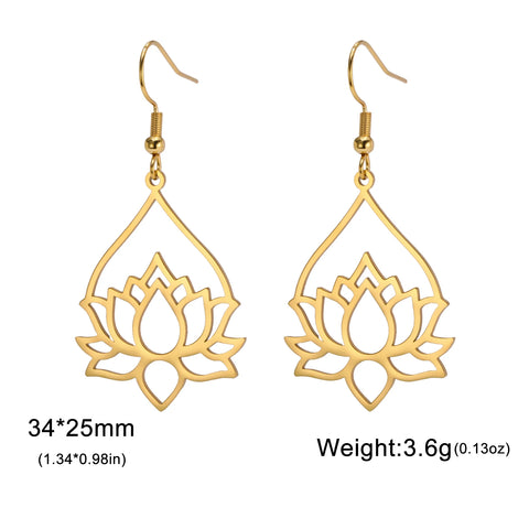 Skyrim Lotus Flower Rhinestone Dangle Earrings - Gold Stainless Steel Bohemian Jewelry for Women
