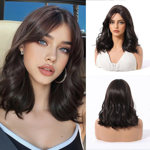 EASIHAIR Dark Brown Wavy Bob Wig with Bangs - Synthetic Heat Resistant Medium Length Wig for Women