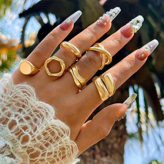 6Pcs/Set Gold Color Smooth Geometric Open Rings Set for Women - Chunky Metal Jewelry Gift