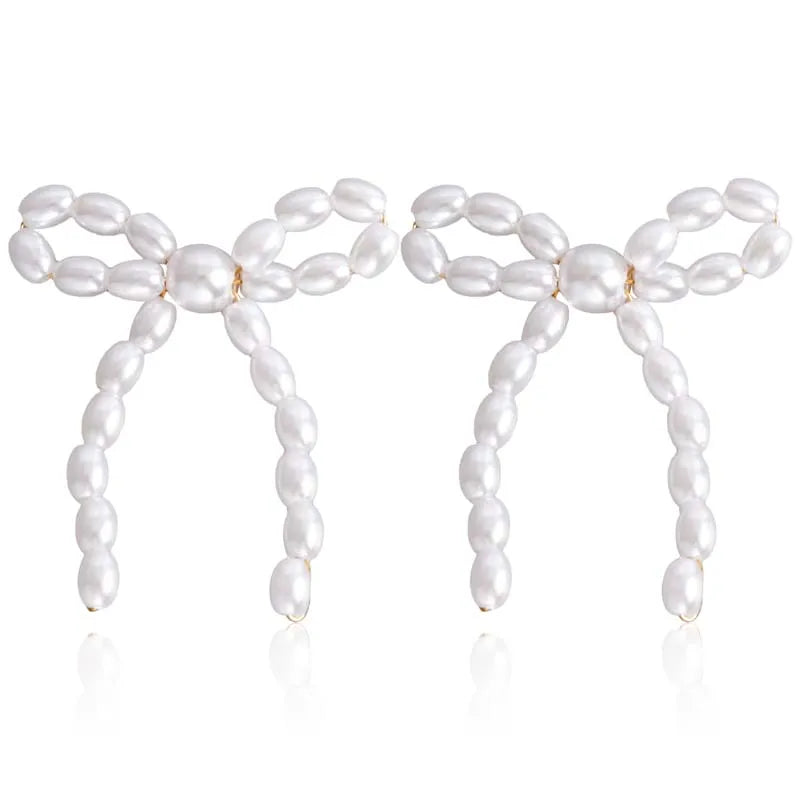 Vintage White Imitation Pearl Bowknot Stud Earrings for Women - Handmade Woven Beaded Statement Jewelry 2024