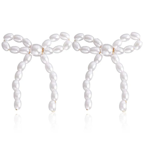 Vintage White Imitation Pearl Bowknot Stud Earrings for Women - Handmade Woven Beaded Statement Jewelry 2024