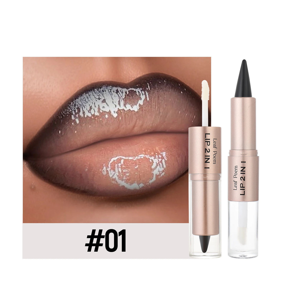 Black Brown Tapered Lip Liner & Contour Pencil with Double Head Mirror and Plumping Lip Glaze