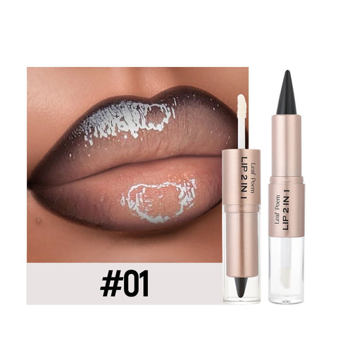 Black Brown Tapered Lip Liner & Contour Pencil with Double Head Mirror and Plumping Lip Glaze