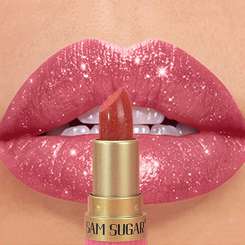 Diamond Pink Lipstick Chocolate Brown Metallic Glitter Lipstick - Long-Lasting Waterproof Shimmer Pearl Sparkling Lip Gloss