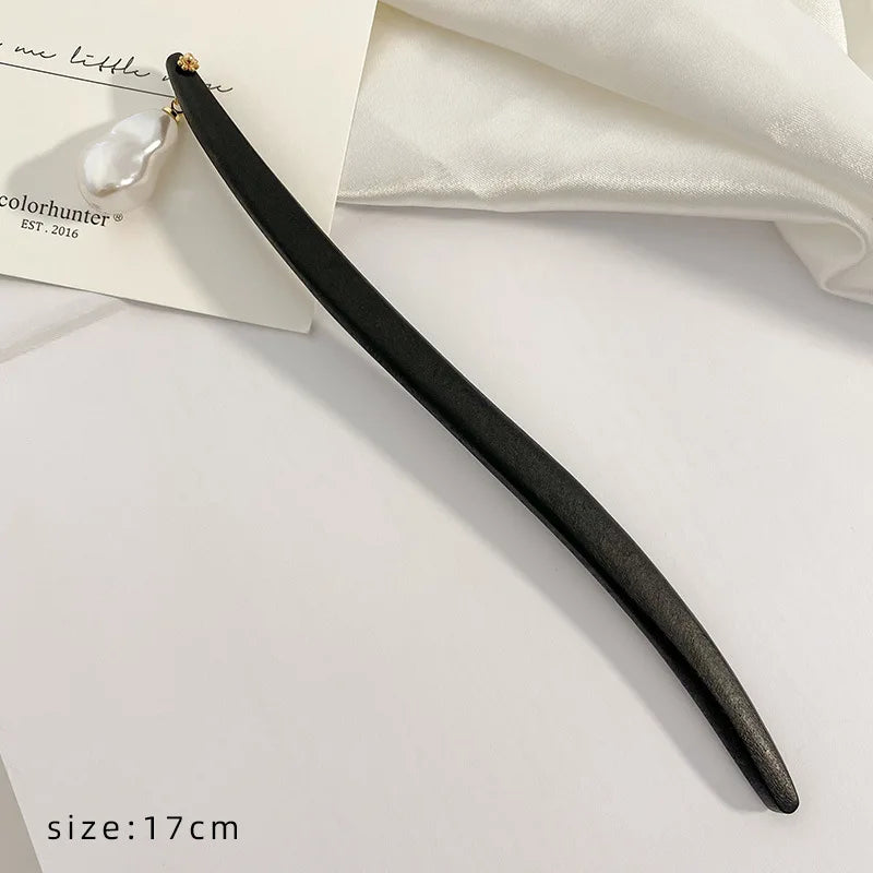 Chinese Style Natural Baroque Irregular Pearl Geometric Hairpin with Curved Sandalwood - Classic Hair Ornaments
