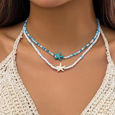 Bohemian Double Seed Bead Chain Clavicle Necklace with Vintage Acrylic Turtle and Starfish Pendant for Women