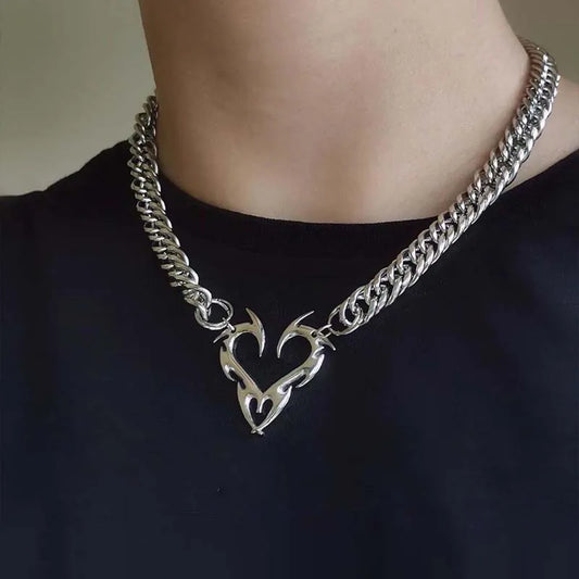 Stainless Steel Silver Color Thorn Heart Choker Necklace For Woman Man Punk Hip Hop Metal Hollow Clavicle Chain Necklace Jewelry