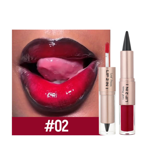 Black Brown Tapered Lip Liner & Contour Pencil with Double Head Mirror and Plumping Lip Glaze