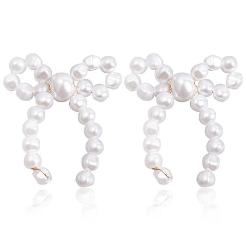 Vintage White Imitation Pearl Bowknot Stud Earrings for Women - Handmade Woven Beaded Statement Jewelry 2024