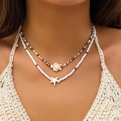 Bohemian Double Seed Bead Chain Clavicle Necklace with Vintage Acrylic Turtle and Starfish Pendant for Women