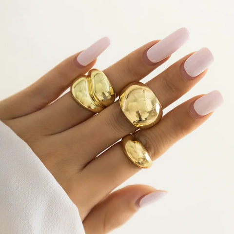 6Pcs/Set Gold Color Smooth Geometric Open Rings Set for Women - Chunky Metal Jewelry Gift