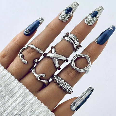 9Pcs/set Gold Color Smooth Geometric Open Rings Set for Women Men - Irregular Adjustable Jewelry Gifts