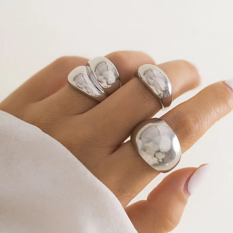 6Pcs/Set Gold Color Smooth Geometric Open Rings Set for Women - Chunky Metal Jewelry Gift