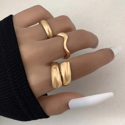 9Pcs/set Gold Color Smooth Geometric Open Rings Set for Women Men - Irregular Adjustable Jewelry Gifts