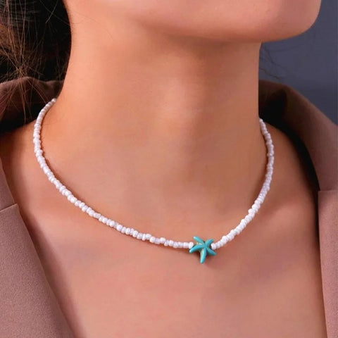 Bohemian Double Seed Bead Chain Clavicle Necklace with Vintage Acrylic Turtle and Starfish Pendant for Women