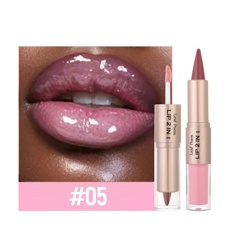 Black Brown Tapered Lip Liner & Contour Pencil with Double Head Mirror and Plumping Lip Glaze