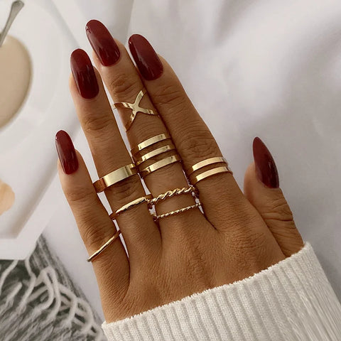 6Pcs/Set Gold Color Smooth Geometric Open Rings Set for Women - Chunky Metal Jewelry Gift