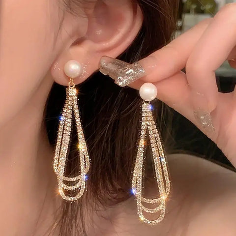 Elegant Silver Multi-Layer Geometric Tassel Chain Earrings for Women